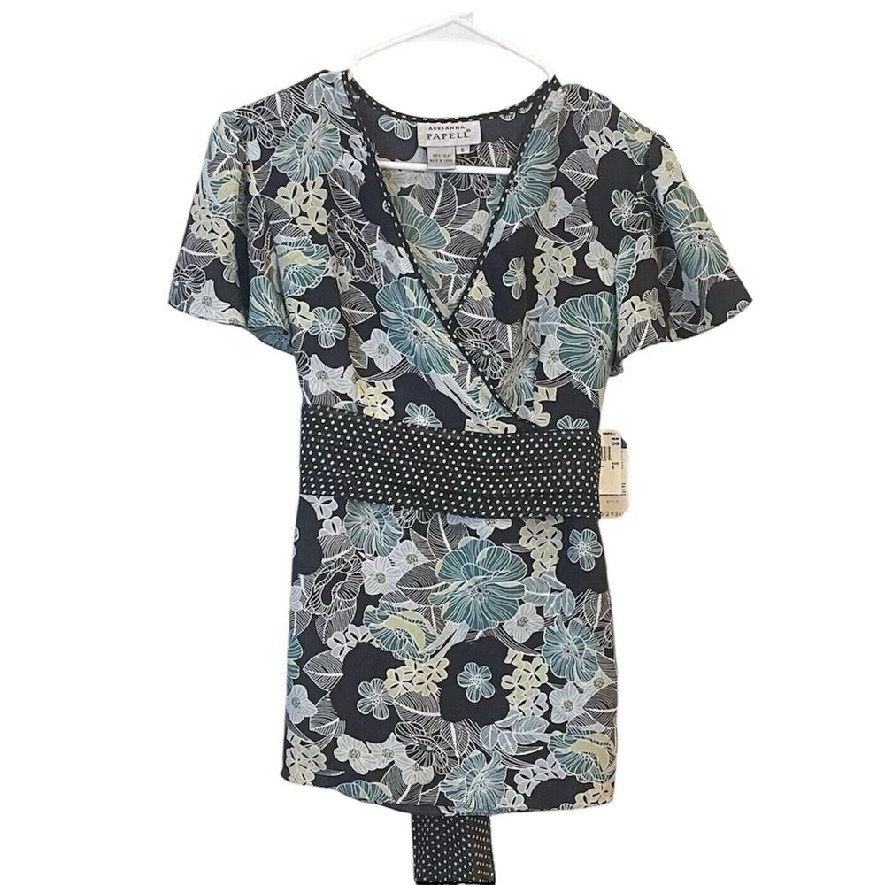 Adrianna Papell Faux Wrap 100% Silk Blouse Size 6 Floral Flutter Sleeve Career